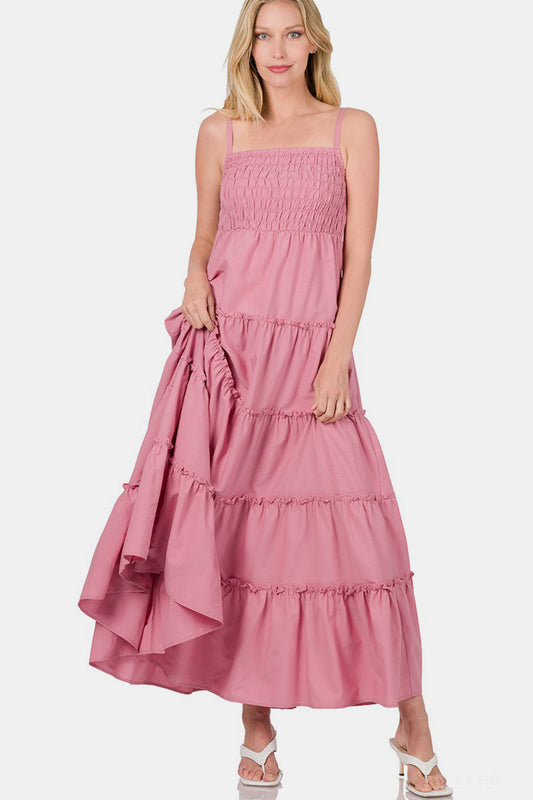 Zenana Woven Smocked Tiered Cami Maxi Dress in Light Rose