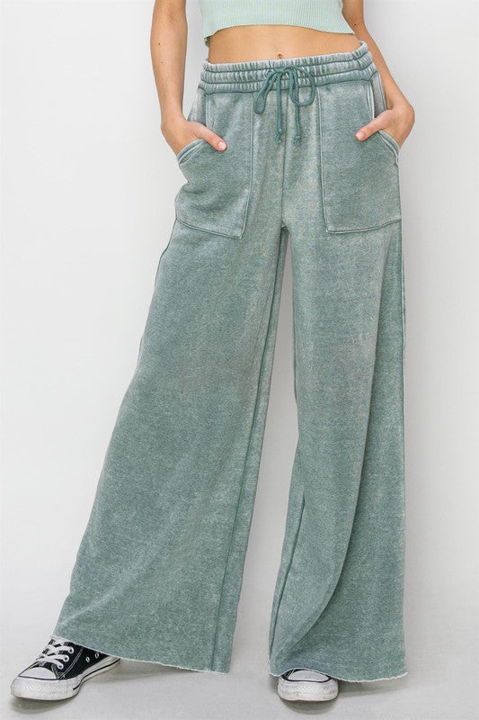 HYFVE Color Washed Wide Leg Sweatpants Raw Hem Pockets Drawstring in 3 Colors