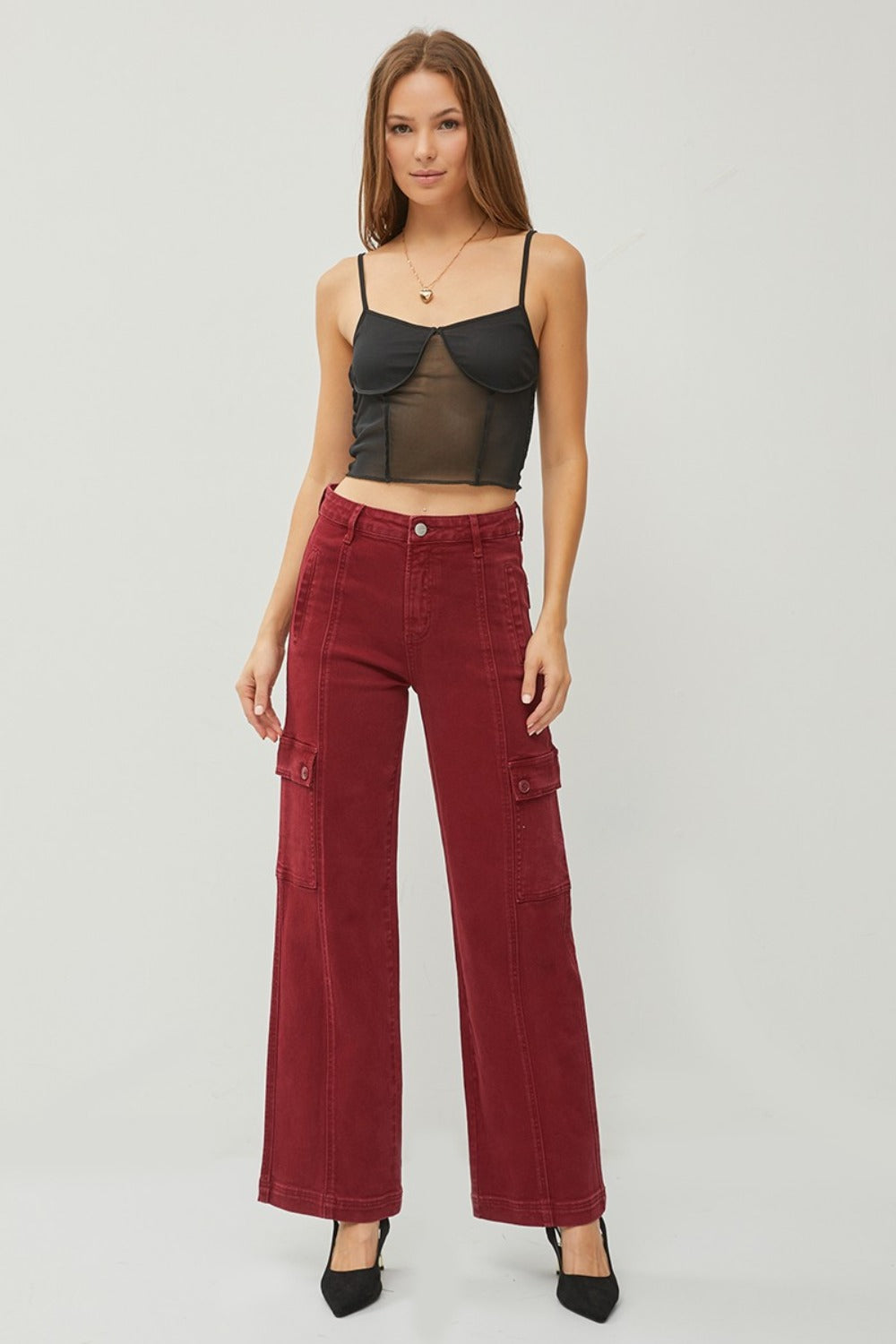 RISEN Full Size High Rise Wide Leg Cargo Jeans in Wine Red