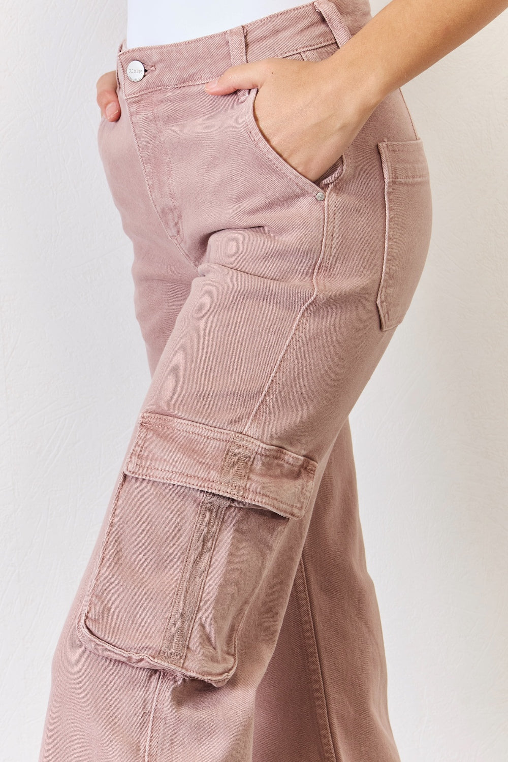 RISEN Cotton High Rise Wide Leg Cargo Jeans in Mauve