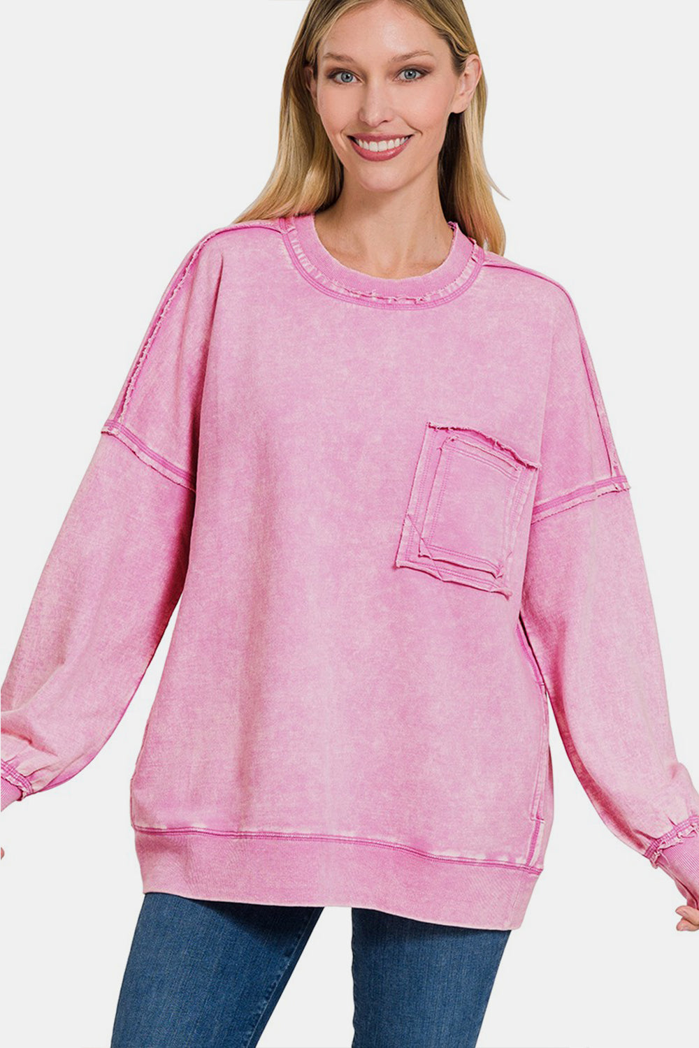 Zenana Exposed Seam Crew Neck Pocket Sweatshirt