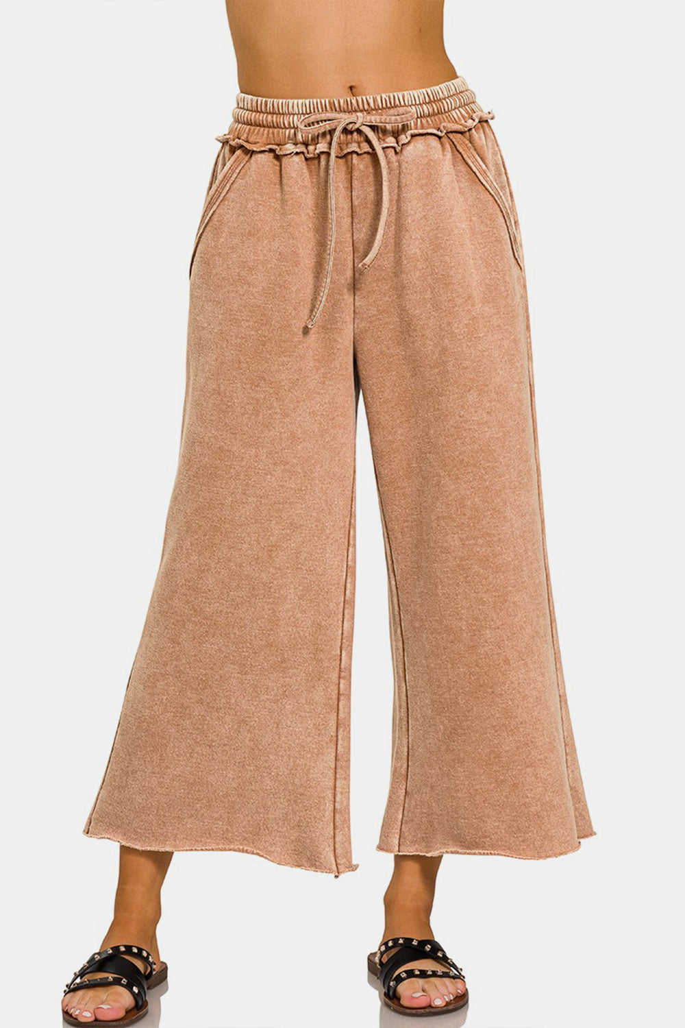 Zenana Wide Leg Crop Sweatpants in Washed Rust