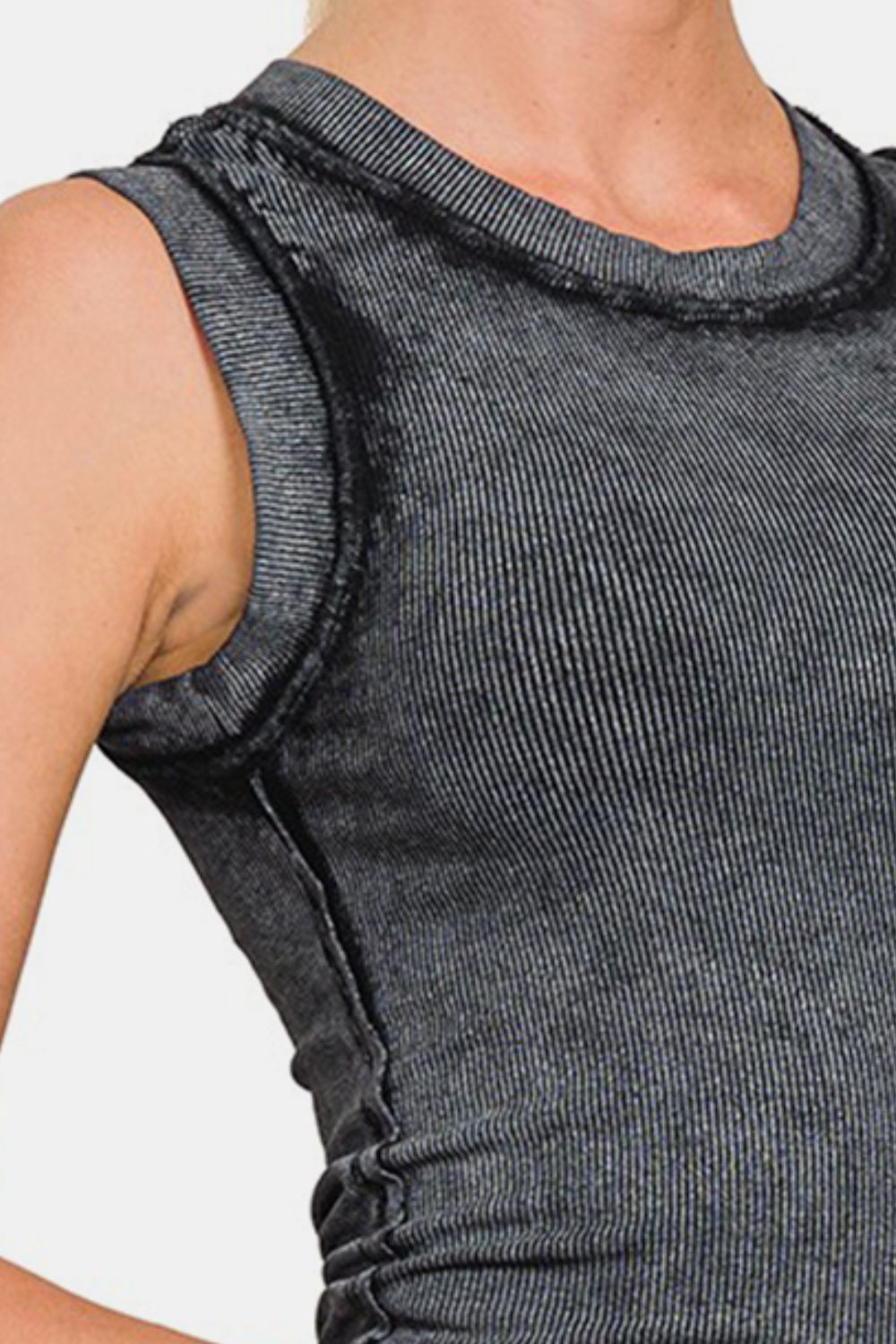 Zenana Exposed Seam Slim Fit Tank Top in Washed Ash Black