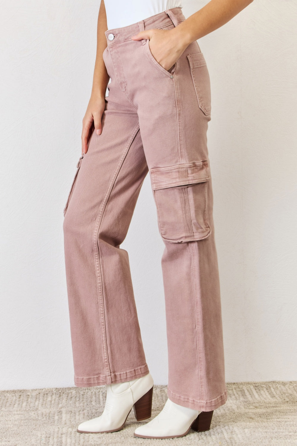 RISEN Cotton High Rise Wide Leg Cargo Jeans in Mauve