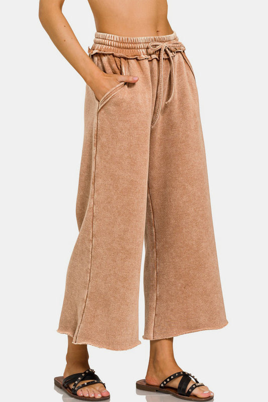 Zenana Wide Leg Crop Sweatpants in Washed Rust