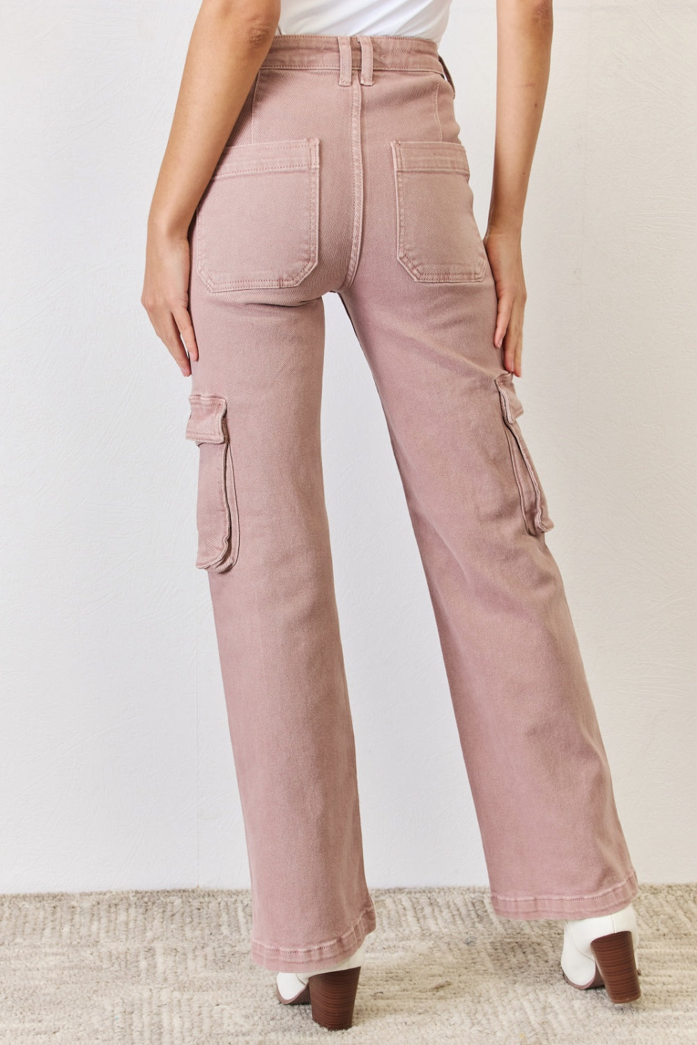 RISEN Cotton High Rise Wide Leg Cargo Jeans in Mauve