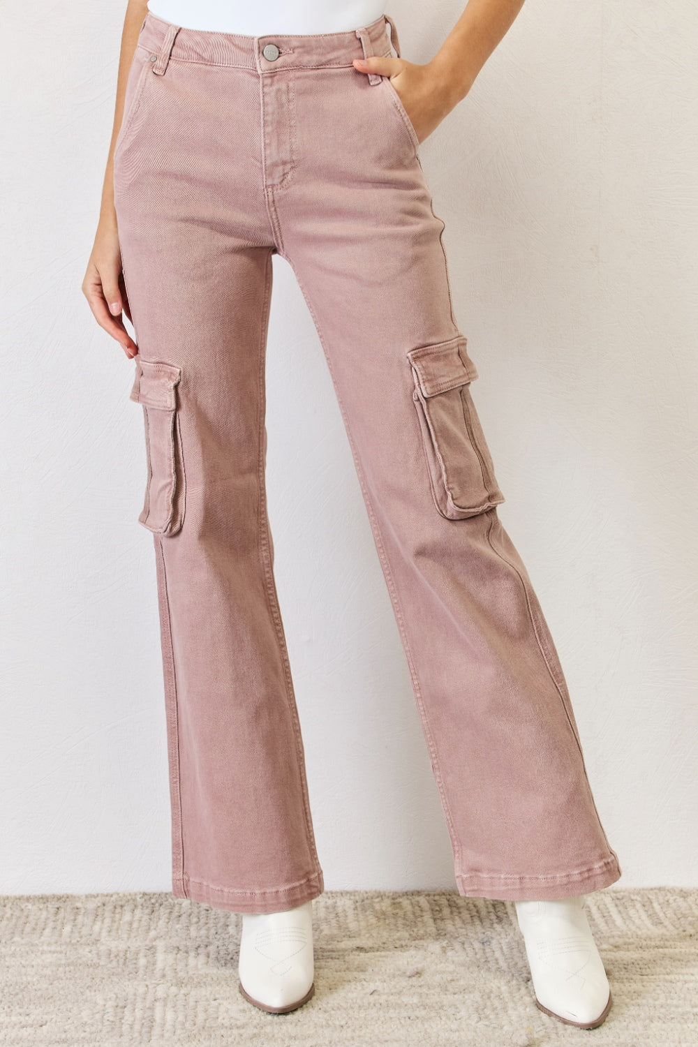 RISEN Cotton High Rise Wide Leg Cargo Jeans in Mauve